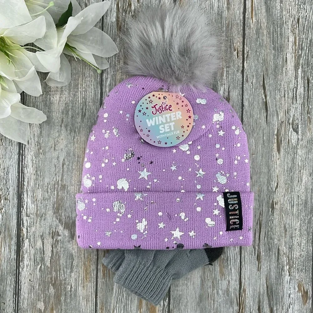Girls Justice Ribbed & Full Print Winter Cozy Beanie and Gloves 2, 2-Piece Sets